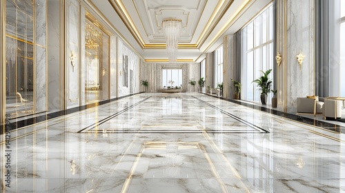 Luxurious marble hall with gold accents.  Spacious, elegant interior design