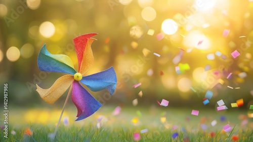 A rainbow pinwheel spins in a sunlit field with floating confetti, celebrating joy and childhood wonder on International Children's Day.