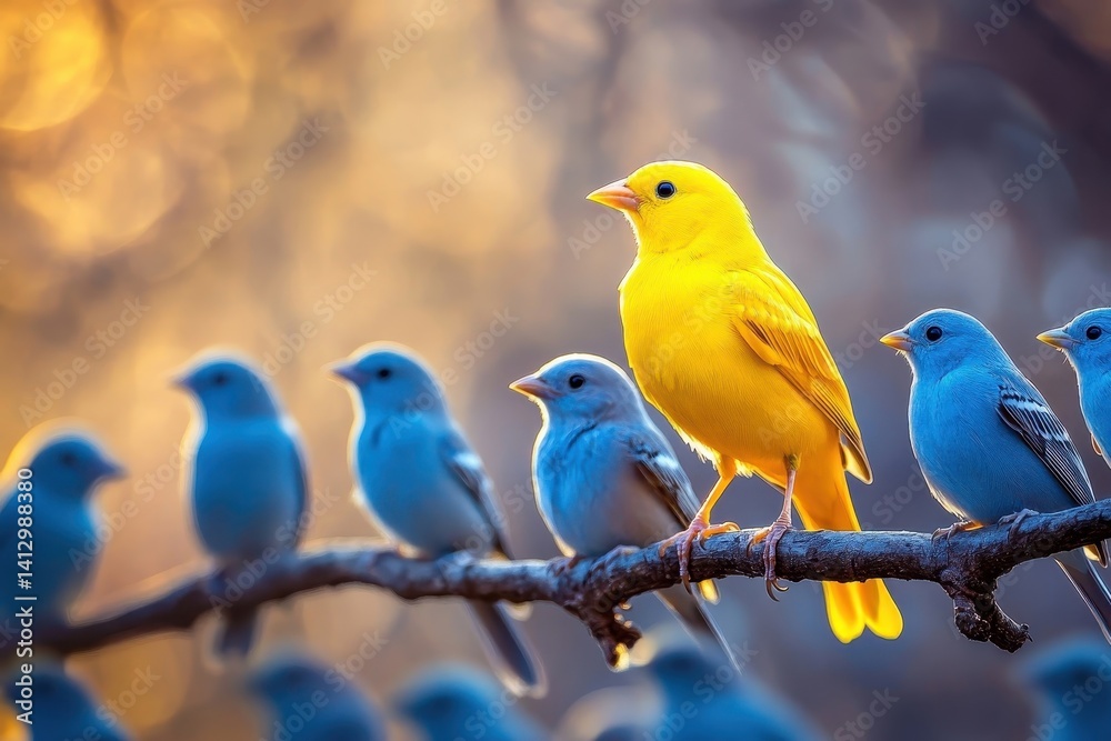 Extraordinary Individual Standing Apart Yellow Canary Among Blue Finches Symbolizing Uniqueness and Courage