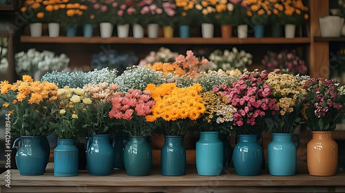 Colorful flower bouquets in shop vases, floral background, sale display