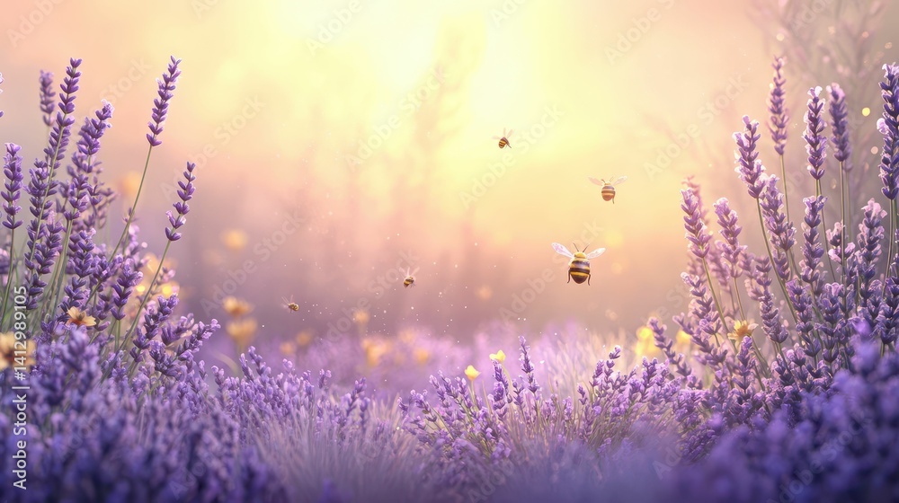 Naklejka premium Purple flowers, flying insects, golden sunlight.