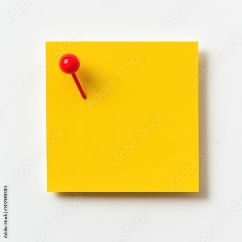Yellow sticky note pinned with a red push pin isoleted on white background