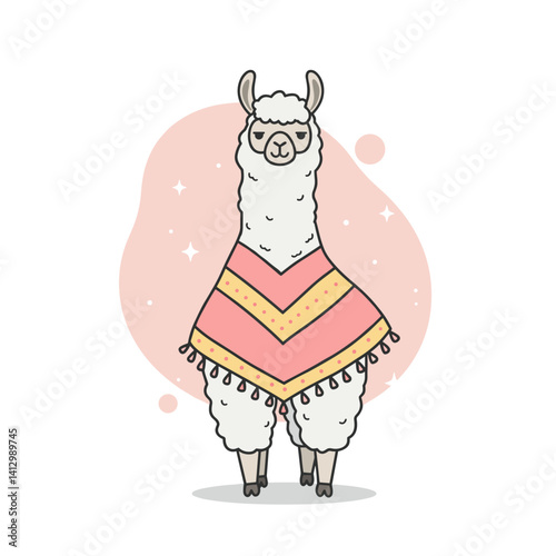Llama in a poncho on a white background. Vector image with copy space
