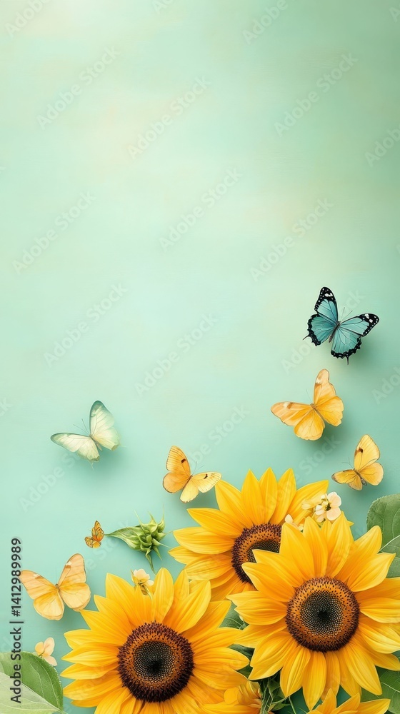 custom made wallpaper toronto digitalSunflowers, butterflies, pale green background.