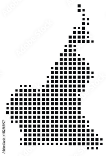 Abstract map of Cameroon showing the country with a pattern of black squares