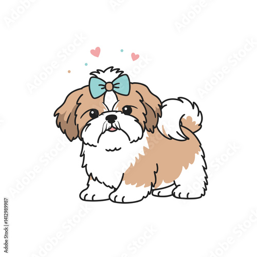 Shih Tzu puppy with a bow on a white background in a minimalist style