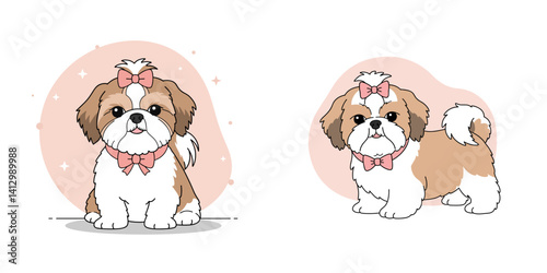 Shih Tzu puppy with a bow. Set of two vector images in a minimalist style
