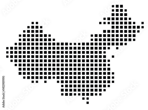 Abstract map of People's Republic of China showing the country with a pattern of black squares