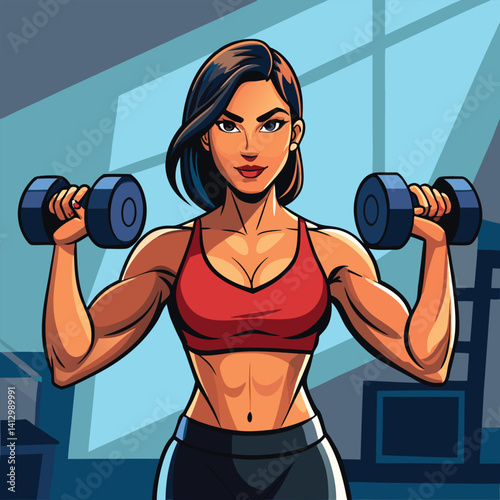 Strong Female Athlete Lifting Dumbbells in Gym