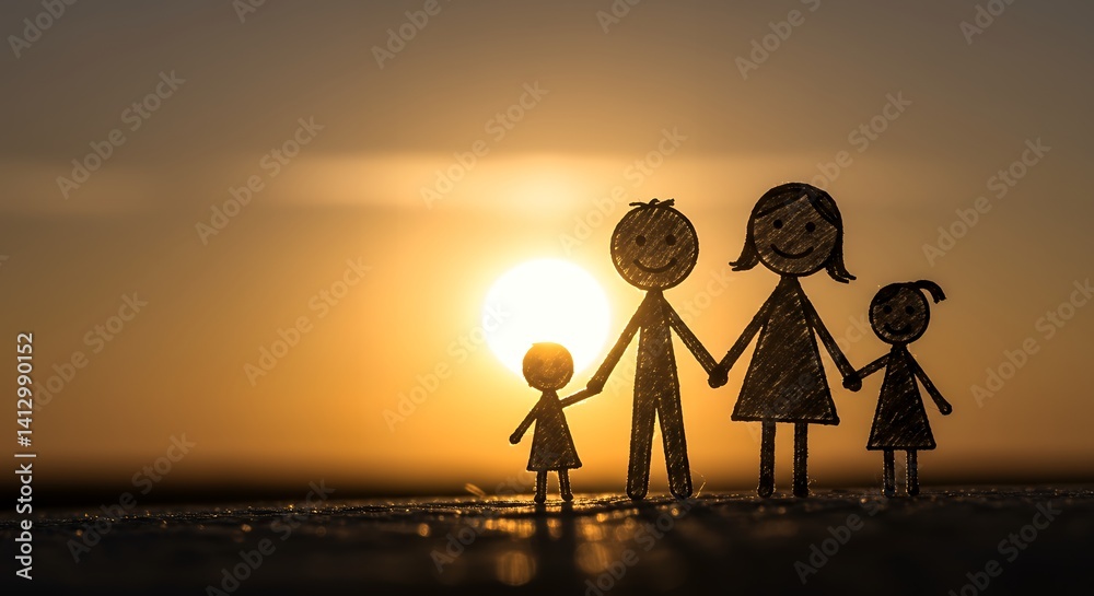 Silhouette Family: Sunset Happiness, Simple Paper Cutout Art Silhouette Family: Sunset Happiness, Simple Paper Cutout Art