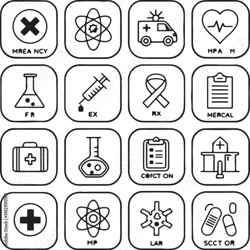 Medical icon set. Containing doctor, medicine, hospital, treatment, healthcare, nurse, pills, clinic and more. Solid vector icons collection. Healthcare thin line vector icon set