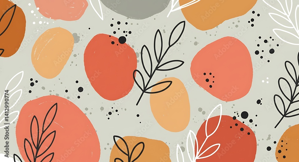 Abstract Shapes Dance: Warm Tones & Botanical Line Art Create a Playful, Contemporary Pattern on Light Grey, Perfect for Backgrounds & Design Projects Abstract Shapes Dance: Warm Tones & Botanical Line Art Create a Playful, Contemporary Pattern on Light Grey, Perfect for Backgrounds & Design Projects