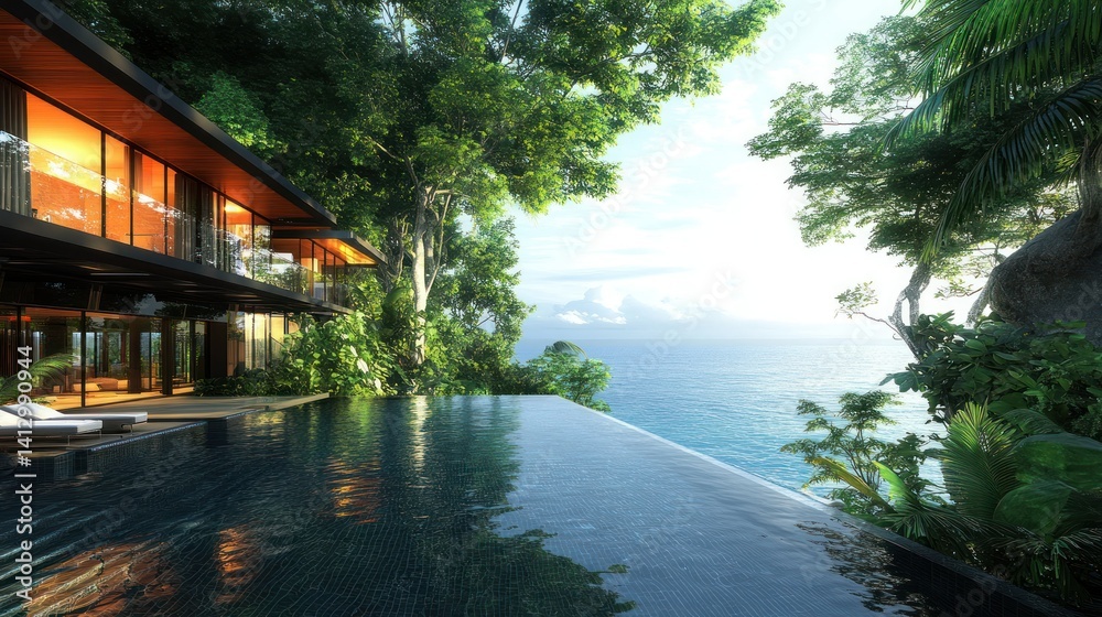 Fototapeta premium Luxurious cliffside home with infinity pool, nestled in lush tropical foliage, overlooking the ocean