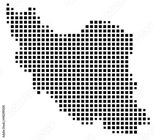 Abstract map of Iran showing the country with a pattern of black squares