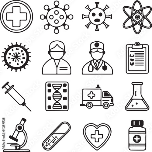 Medical icon set. Containing doctor, medicine, hospital, treatment, healthcare, nurse, pills, clinic and more. Solid vector icons collection. Healthcare thin line vector icon set