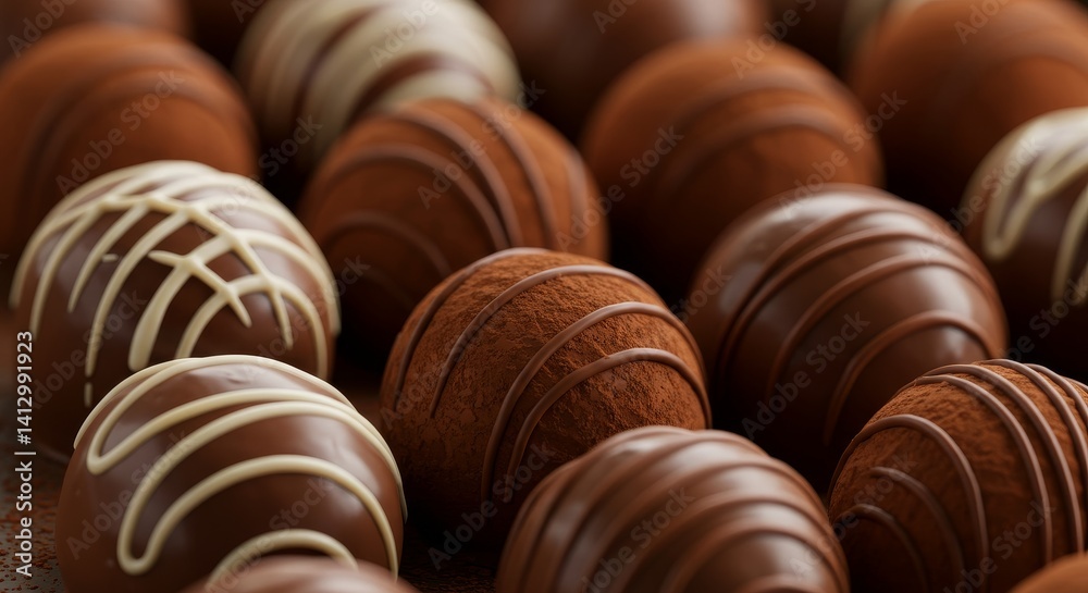 Fototapeta premium Delicious Chocolate Truffles Collection - A close-up shot of assorted chocolate truffles, some coated in cocoa powder, others with white chocolate drizzles. Luxurious and decadent