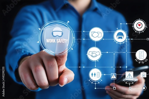 Work Safety and Compliance Concept – Person with Safety Icons Including Shield, Hard Hat, Checklist, and Health Protocols
