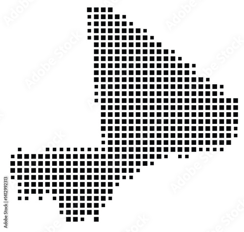 Abstract map of Mali showing the country with a pattern of black squares