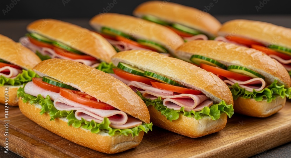 Delicious Ham and Veggie Sub Sandwiches - A close-up shot of several appetizing ham and vegetable sub sandwiches on a wooden board Delicious Ham and Veggie Sub Sandwiches - A close-up shot of several appetizing ham and vegetable sub sandwiches on a wooden board