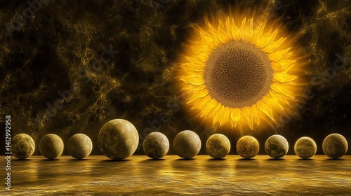 Cosmic Alignment: Sunflower Sun Overseeing an Array of Celestial Spheres