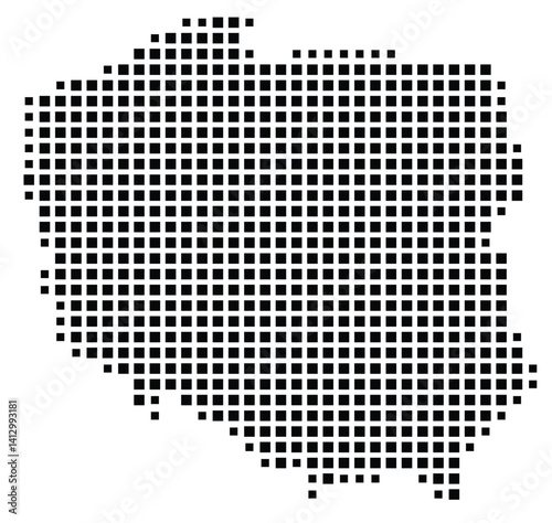 Abstract map of Poland showing the country with a pattern of black squares