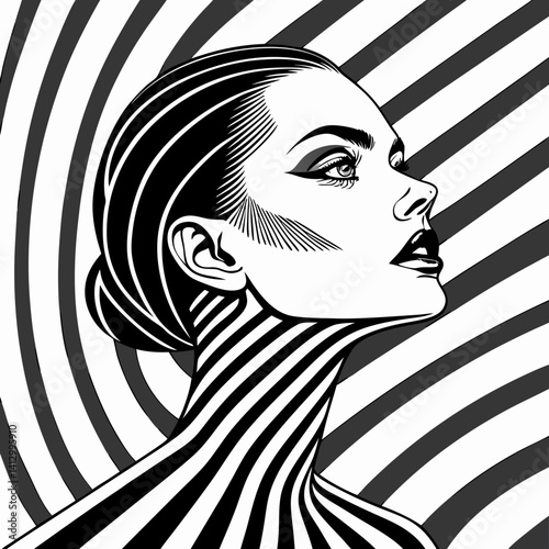 A hyper-realistic black and white portrait of a futuristic woman with intense eye contact and bold, vertical optical illusion stripes painted across her neck and shoulders