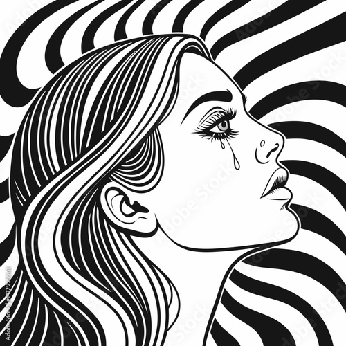 A surreal, high-contrast black and white portrait of a woman with flowing, hypnotic optical illusion patterns integrated into her face and hair. Her eyes are highly detailed and reflective.