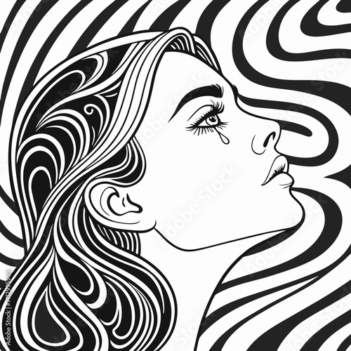 A surreal, high-contrast black and white portrait of a woman with flowing, hypnotic optical illusion patterns integrated into her face and hair. Her eyes are highly detailed and reflective.
