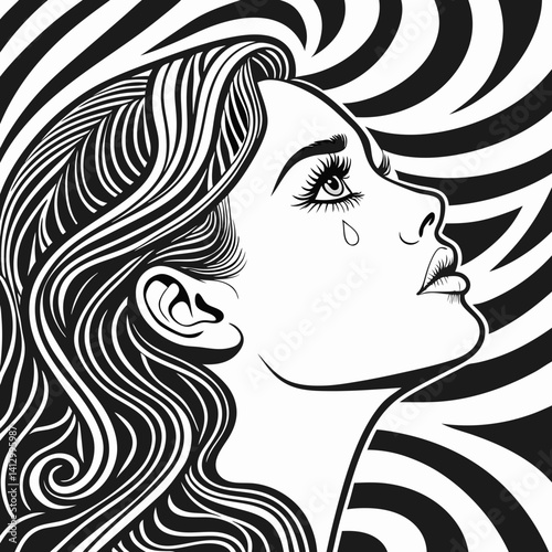 A surreal, high-contrast black and white portrait of a woman with flowing, hypnotic optical illusion patterns integrated into her face and hair. Her eyes are highly detailed and reflective.