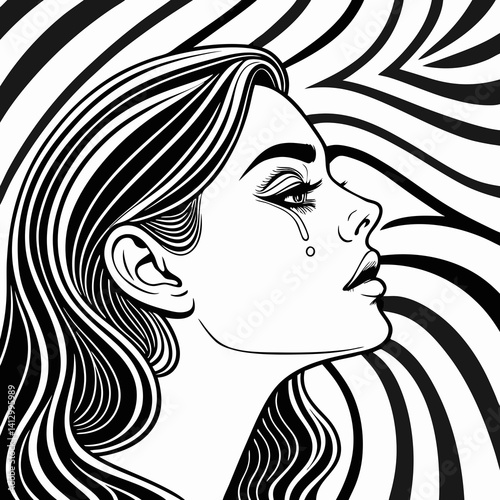 A surreal, high-contrast black and white portrait of a woman with flowing, hypnotic optical illusion patterns integrated into her face and hair.