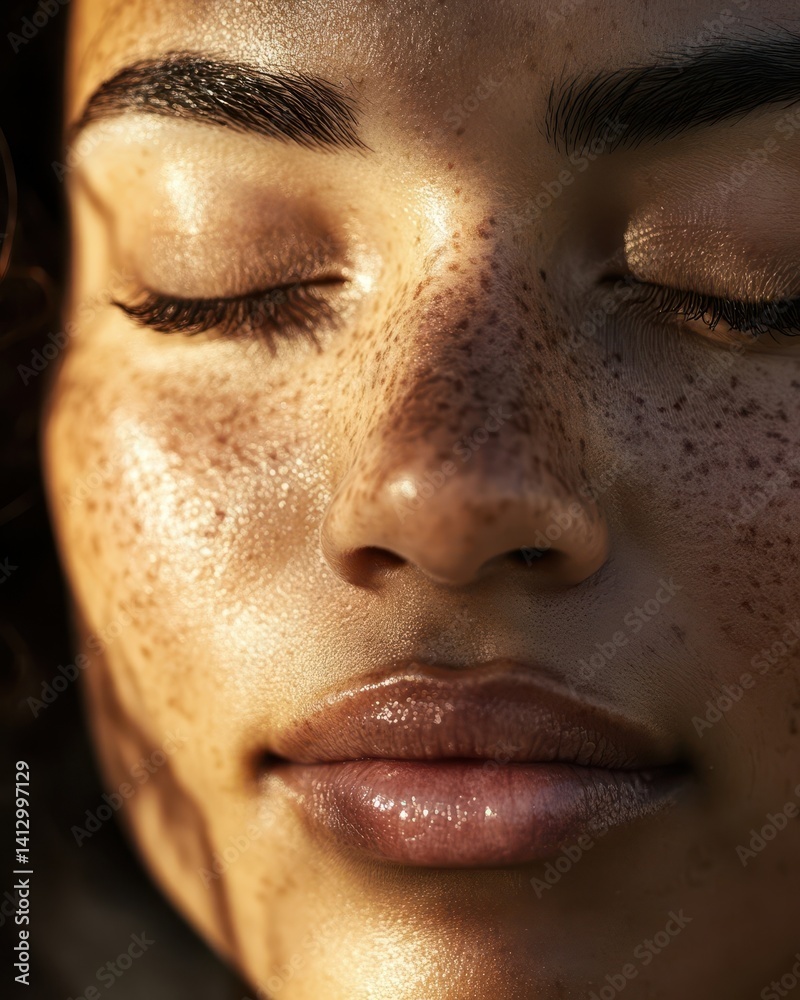 Fototapeta premium Modern Beauty Portrait of Freckled Woman with Sun-Kissed Skin Basking in Natural Light, Authentic Representation of Natural Beauty and Facial Details