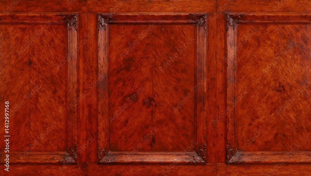 Elegant colonial cherry wood wall panels with rich reddish tones and detailed carved molding Classic sophistication for interior design projects Elegant colonial cherry wood wall panels with rich reddish tones and detailed carved molding Classic sophistication for interior design projects