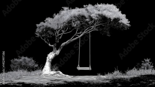 Wallpaper Mural Tranquil Monochrome Swing Under Tree: Captivating Nature Landscape in Black & White Torontodigital.ca