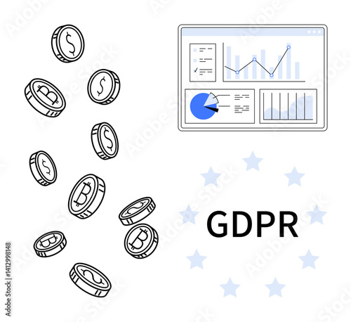 Coins representing cryptocurrency, data analytics dashboard with charts, and GDPR theme with stars. Ideal for data security, blockchain, digital finance, policy compliance, privacy, analytics simple