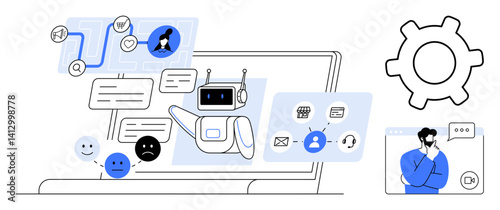 Wallpaper Mural Conversational chatbot replying to queries, user reactions with emotions, support tools, settings gear, messaging app interface. Ideal for AI assistance, customer support, service automation Torontodigital.ca