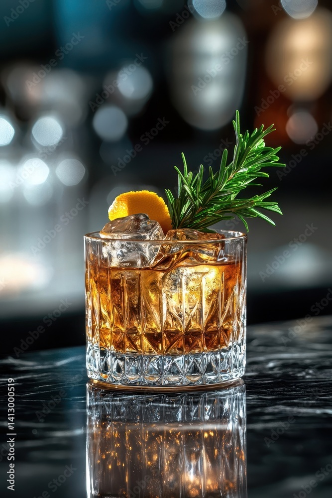 Premium Craft Cocktail with Crystal Clear Ice and Fresh Citrus Garnish on Elegant Dark Marble Bar Counter with Atmospheric Lighting