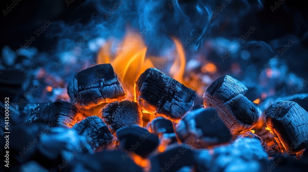 Premium Charcoal Grill Cooking Surface with Glowing Embers and Rising Flames Against Dark Background for Food Photography