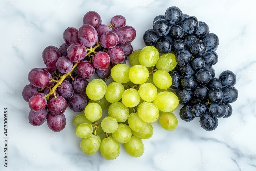 Premium Vineyard Harvest Collection with Assorted Grape Varieties on Marble Surface, Gourmet Food Photography