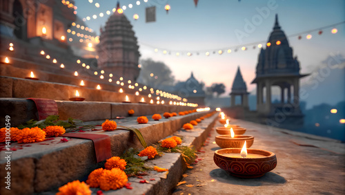 diwali celebration at temple ghats with diyas and flowers