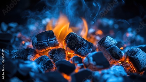 Obraz na płótnie Premium Charcoal Grill Cooking Surface with Glowing Embers and Rising Flames Against Dark Background for Food Photography w salonie