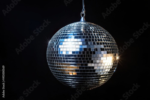 Obraz na płótnie Premium Disco Mirror Ball with Dynamic Light Reflections on Dark Background for Nightlife and Celebration Themes in Contemporary Photography w salonie