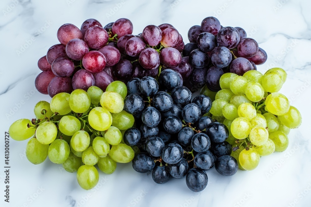 Premium Vineyard Harvest Collection with Assorted Grape Varieties on Marble Surface, Gourmet Food Photography