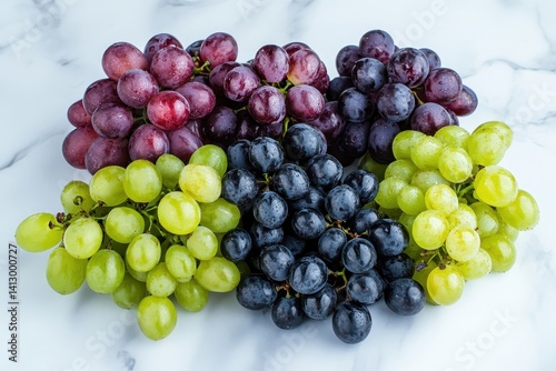 Premium Vineyard Harvest Collection with Assorted Grape Varieties on Marble Surface, Gourmet Food Photography