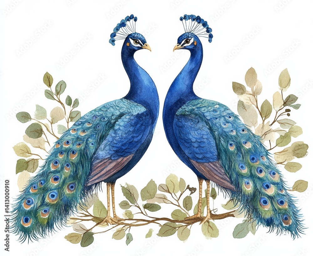 Fototapeta premium Elegant Peacocks Watercolor Artwork isolate on white background