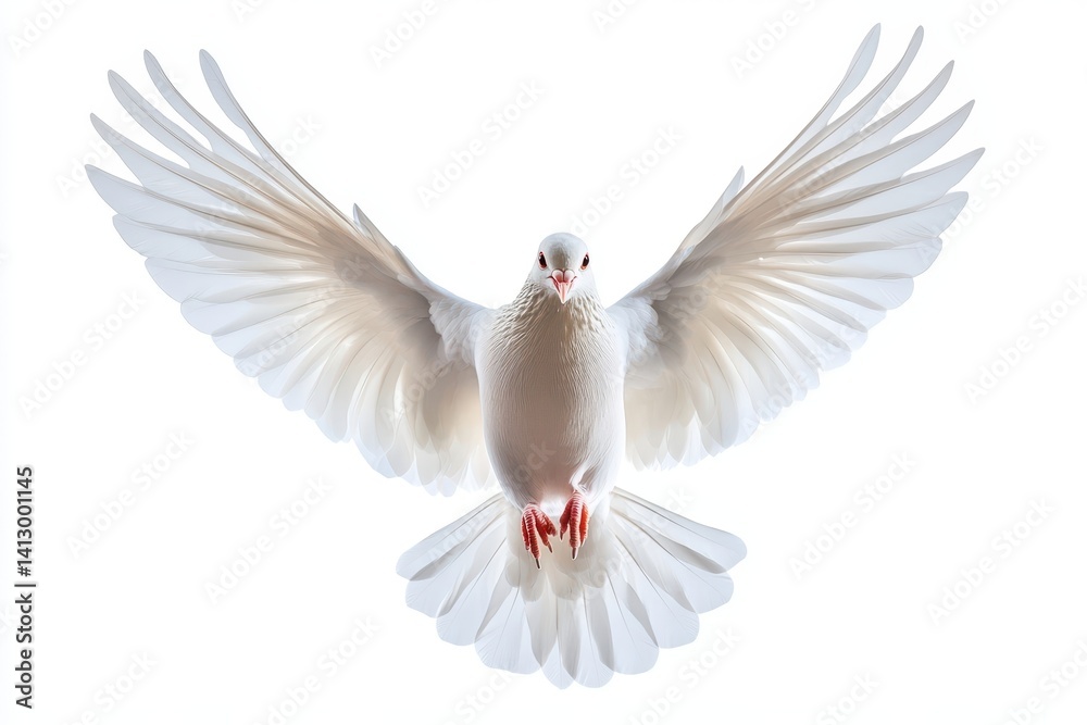Pure White Dove Flying Gracefully Against Clean Studio Background Perfect for Peace Love and Wedding Symbolism