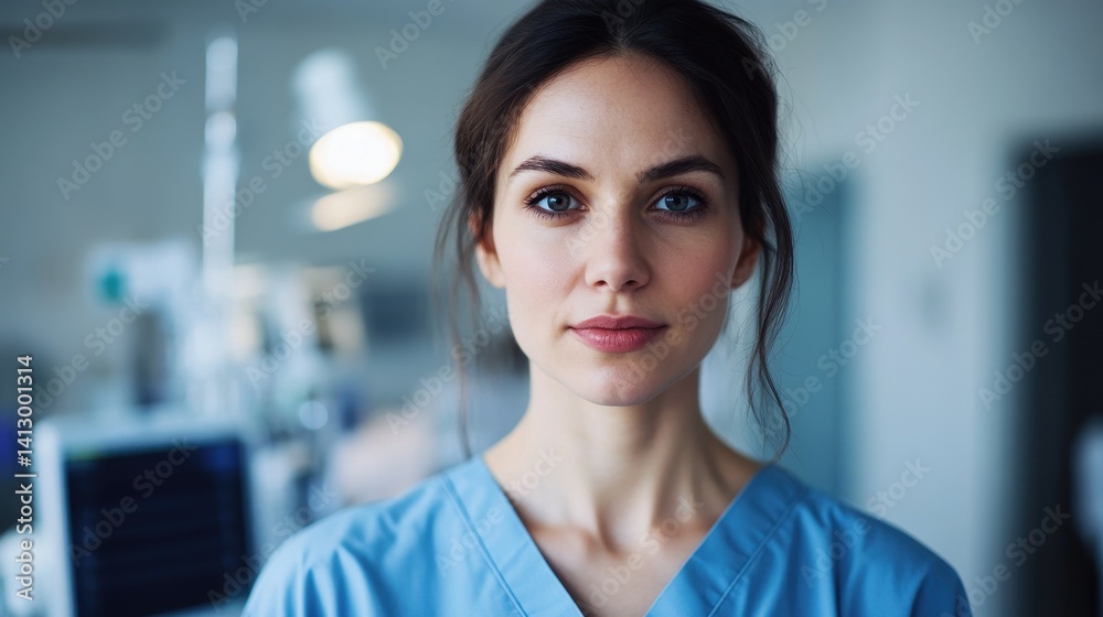 Obraz premium A young European female nurse stands confidently in a hospital setting, showcasing professionalism and dedication to patient care.
