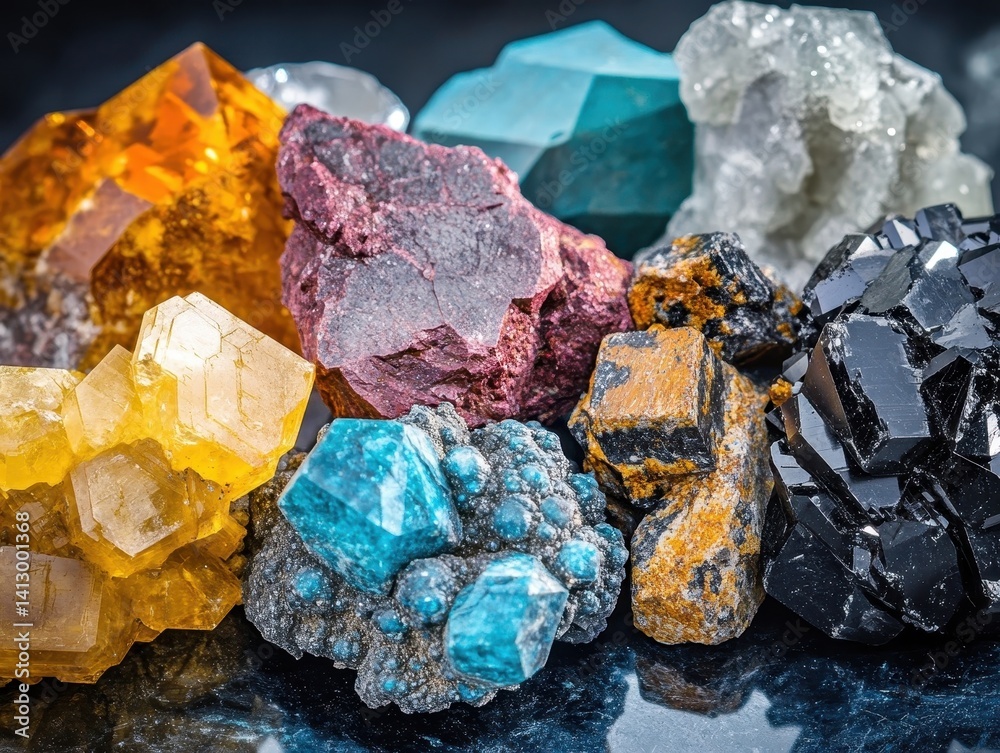 Rare Earth Mineral Collection With Various Colorful Raw Elements On Laboratory Surface