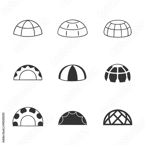 A collection of diverse dome structures, showcasing various design patterns and architectural styles in simple line art.