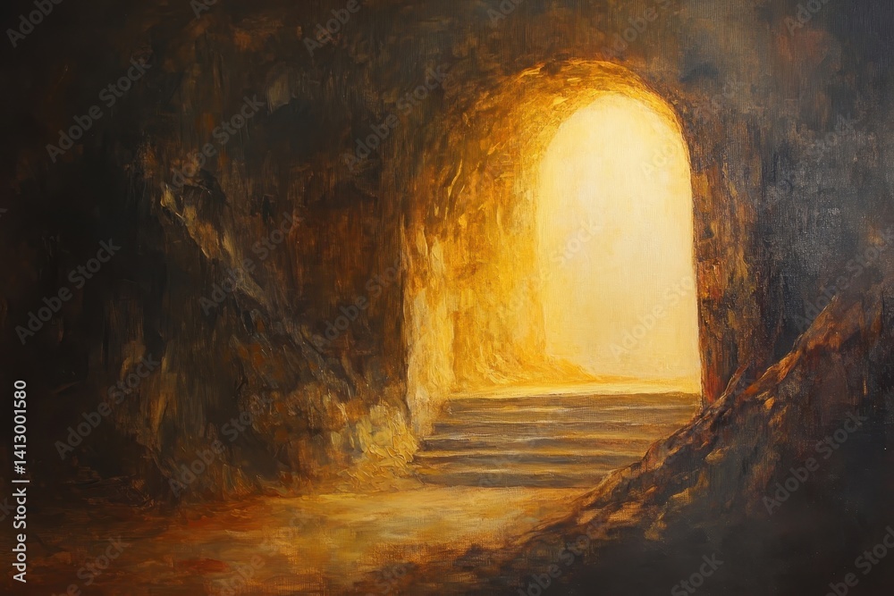 Resurrection Dawn - Sacred Light Illuminating the Empty Tomb with Divine Rays Breaking Through Stone Entrance