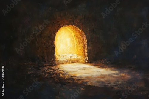 Resurrection Dawn - Sacred Light Illuminating the Empty Tomb with Divine Rays Breaking Through Stone Entrance